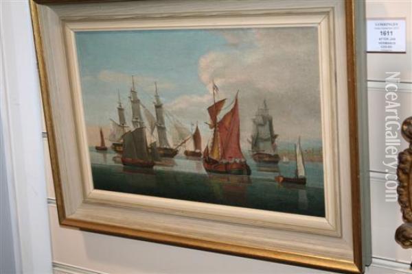 Shipping On A Calm Sea Oil Painting - Johannes Hermann Barend Koekkoek