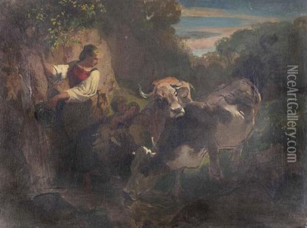 Hirtin Und Knabe Mit Kuhen Und Schafen. Oil Painting - Rudolf Koller