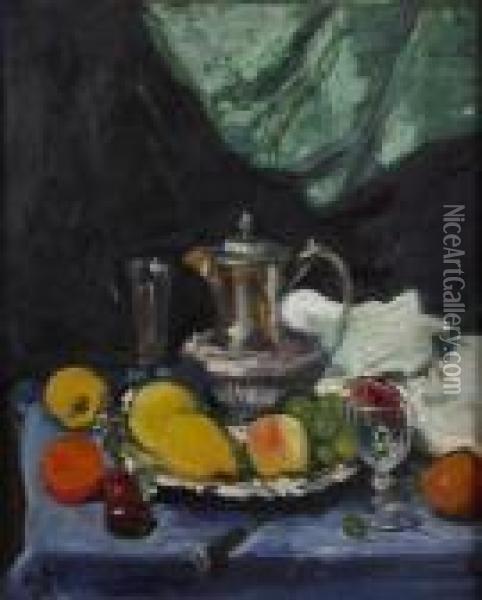 Still Life With Silver Teapot Oil Painting - George Leslie Hunter