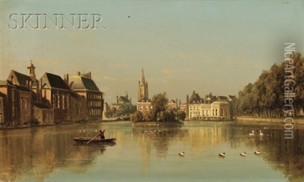 A View Of The Hofvijver, The Hague Oil Painting - Johannes Joseph Destree