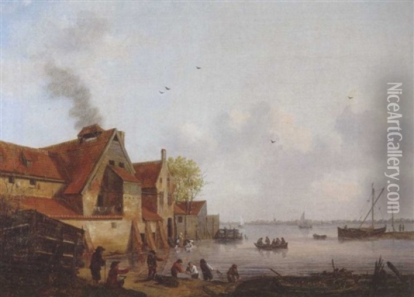 Dorf An Einem Flus Mit Fischerbooten Oil Painting - Marten J. Waefelaers