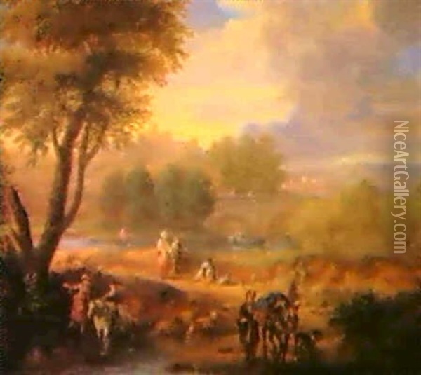 Flublandschaft Mit Einer Steinernen Bogenbrucke Und         Reisenden Oil Painting - Adriaen Frans Boudewyns the Elder