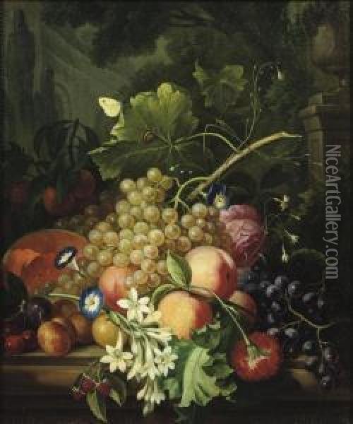 Grapes, Peaches, A Melon And 
Other Fruit, Violets, A Rose And Otherflowers On A Stone Ledge In A Park
 Landscape Oil Painting - Cornelis van Spaendonck