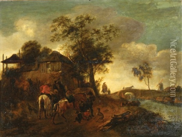 Figures On Horseback, A Bridge And Windmill Beyond Oil Painting - Isaac Van Ostade