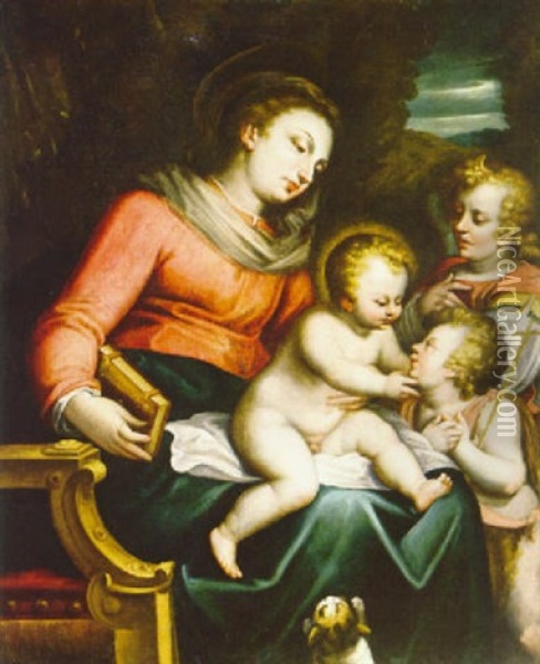 Virgen Con Nino Y San Juanito Oil Painting - Luca Cambiaso