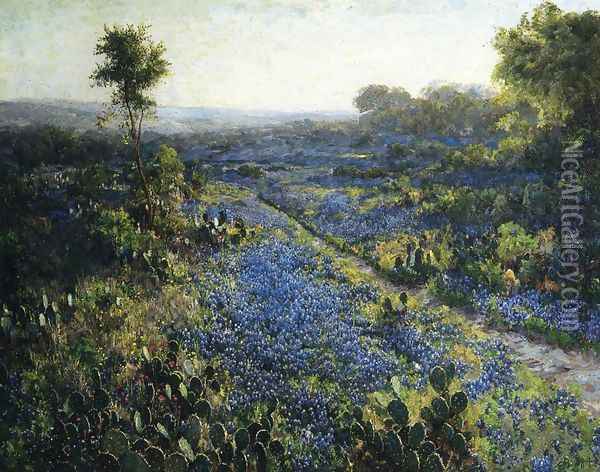 Field of Texas Bluebonnets and Prickly Pear Cacti Oil Painting - Julian Onderdonk
