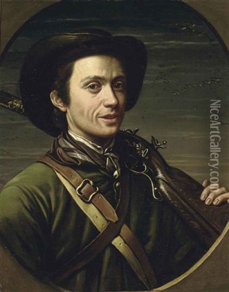 Portrait Of The Artist In Hunting Dress, A Rifle Resting On His Shoulder, With Duck In Flight Beyond Oil Painting - Giovanni Francesco Briglia