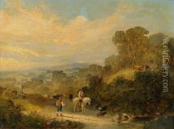 A Cattle Drover And A Traveller Passing By At A Ford Oil Painting - Henry Jutsum