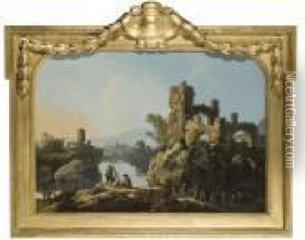 Pecheurs Au Bord D'un Lac Surplombe Par Un Chateau En Ruines Oil Painting - Jean-Baptiste Pillement