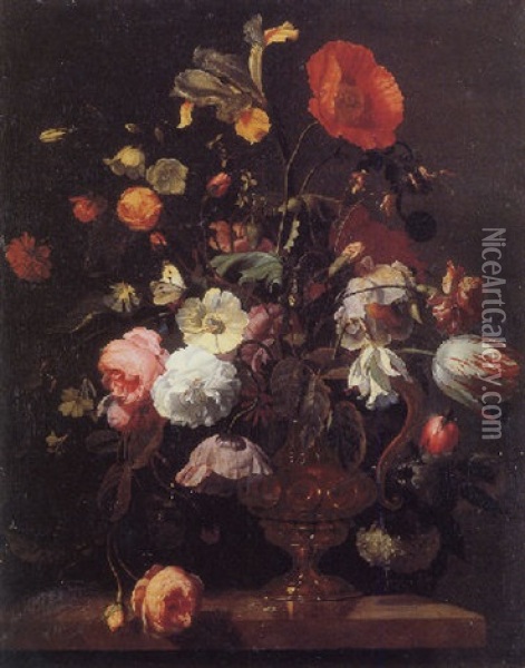 Flowers In A Vase With A Butterfly Oil Painting - Herman Verelst