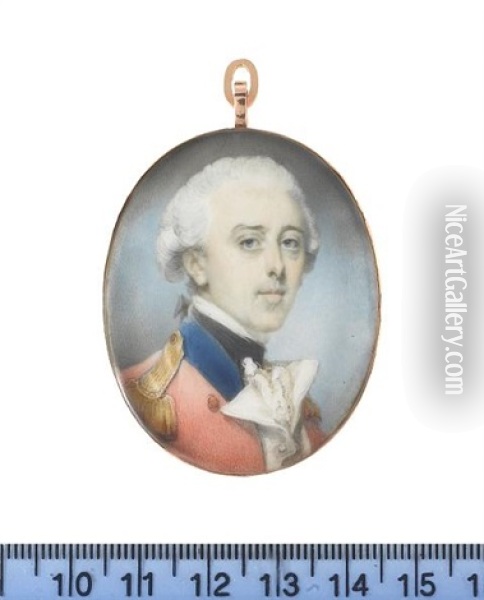 An Officer, Wearing Uniform Of Red Coat, Blue Collar, Gold Epaulettes, White Waistcoat, Chemise And Black Stock, His Powdered Wig Worn En Queue With A Bow Oil Painting - Jeremiah Meyer