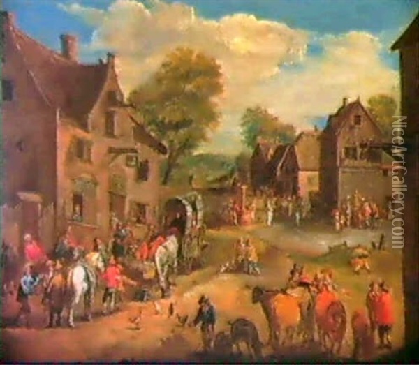 Dorfstrasse Mit Planwagen Vor Einem Wirtshaus. Oil Painting - Pieter Bout