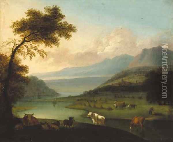 Cattle in an extensive river landscape, harvesters beyond Oil Painting - Jan Siberechts