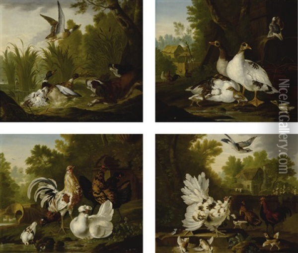 Three Spaniels Startling A Group Of Ducks In A Pond (+ 3 Others; 4 Works) Oil Painting - Pieter Casteels III
