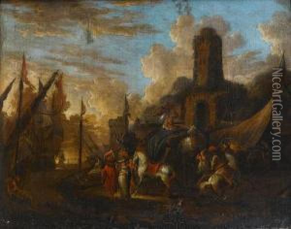 A Mediterranean Harbour With Elegant Figureson The Quay And Stevedores Loading Boats, Shipping At Anchorbeyond Oil Painting - Hendrik van Minderhout