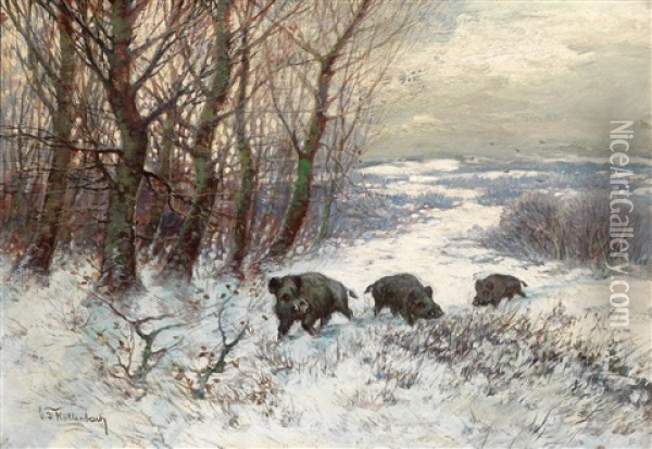 Wildschweinrotte Im Winter Oil Painting - Carl Frederick Kellenbach