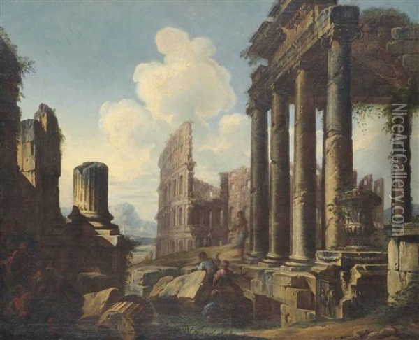 An Architectural Capriccio With Classical Figures Conversing Oil Painting - Giovanni Paolo Panini