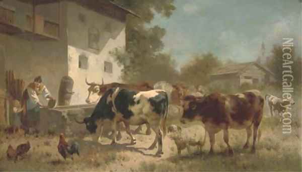 Figures and animals in a sunny farmyard Oil Painting - Italian School