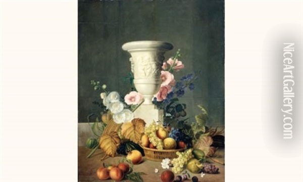 Nature Morte Aux Fleurs, Fruits Et Vase Aux Putti Oil Painting - Jean Louis Prevost