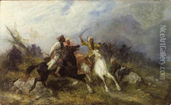 Battle Between The Cossacks And The Highlanders Oil Painting - Jozef Von Brandt