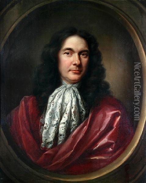 A Portrait Of Josiah Didston, Head And Shoulders, Wearing A Red Cloak And White Lace Neckerchief, In A Feigned Oval Oil Painting - Simon Dubois