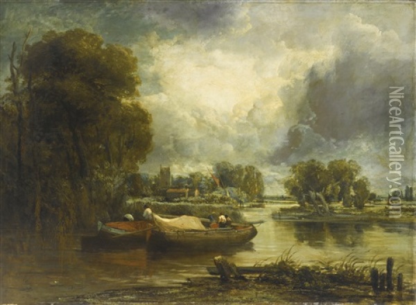 Barges On A River Oil Painting - John Constable