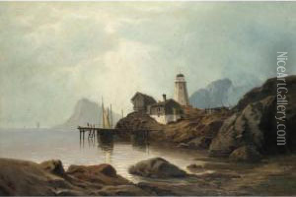 Lighthouse By The Fjord Oil Painting - Hans Fredrik Gude