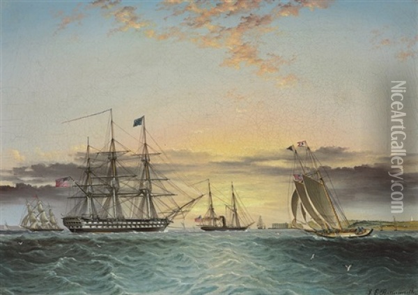 The U.s.s. Ohio Under Tow In The Lower Bay, New York, With A View Of Fort Hamilton Oil Painting - James Edward Buttersworth