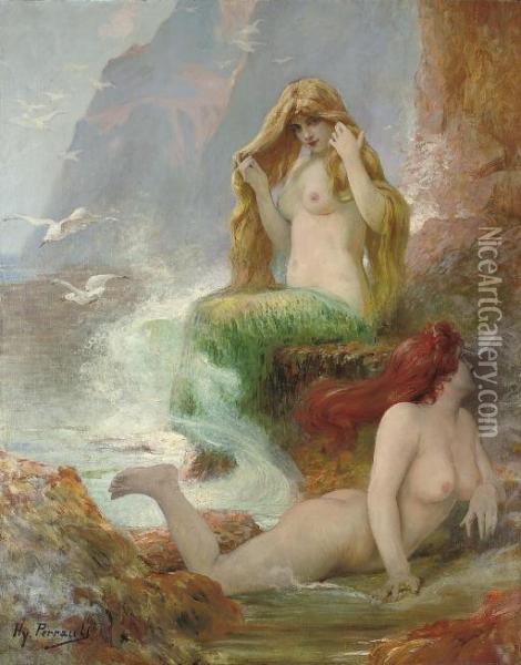 Mermaids At The Shore Oil Painting - Henry Perrault