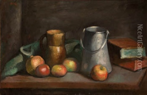 Bodegon Cacharros, Frutas Y Libros Oil Painting - Manuel Ortiz De Zarate