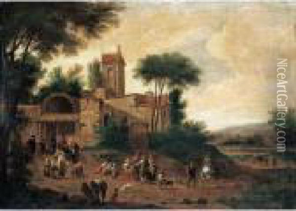 An Italianate Landscape With Figures Before A Church Oil Painting - Mattijs Schoevaerdts
