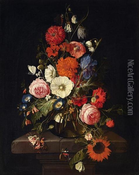 Blumenstillleben In Glasvase Oil Painting - Cornelis De Heem