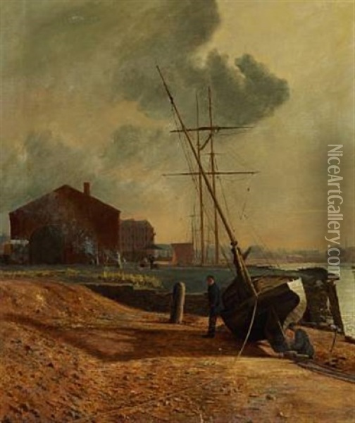 Two Men And Their Boat "tina" At Trangraven, Christianshavns Kanal In Copenhagen Oil Painting - Olof Krumlinde