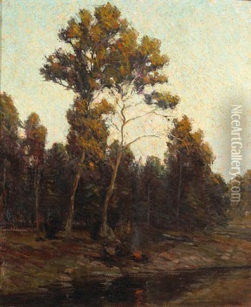 Two People At A Campfire On A Riverbank Oil Painting - Harold Streator