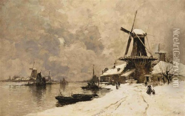 Windmills Along A Canal In Winter Oil Painting - Hendrick Cassiers