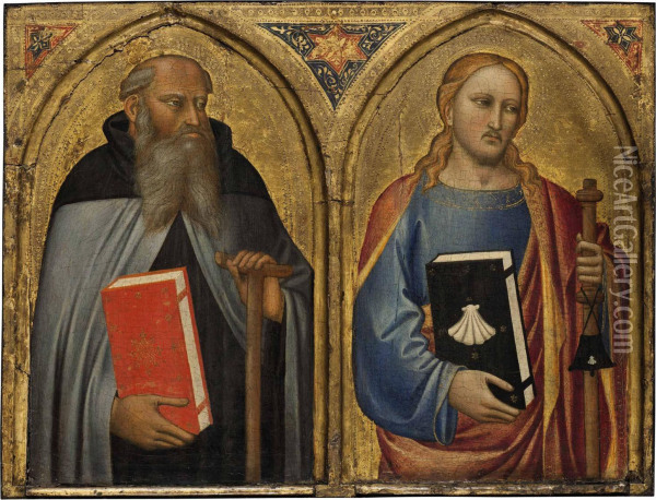 The Master Of The Misericordia Saint Anthony Abbot And Saint James The Greater Tempera And Gold On Panel 16 1/8 X 21Â¼ In Oil Painting - James Alfred Anthony Bland