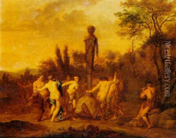 Satyrs And Nymphs Dancing Round A Statue Of Pan Oil Painting - Cornelis Van Poelenburgh