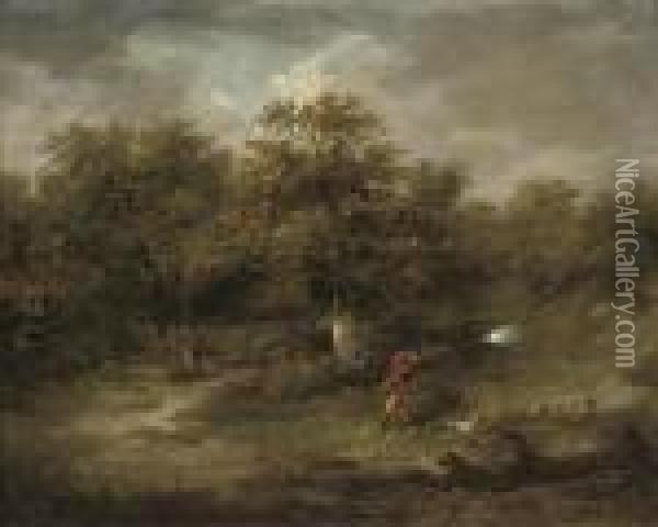 A Wooded Landscape With A Huntsman Pheasant Shooting Oil Painting - George Morland