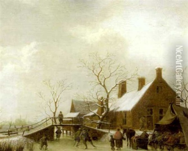 A Winter Scene With Figures Skating And Carousing By A Tent In The Foreground Oil Painting - Johannes I Janson