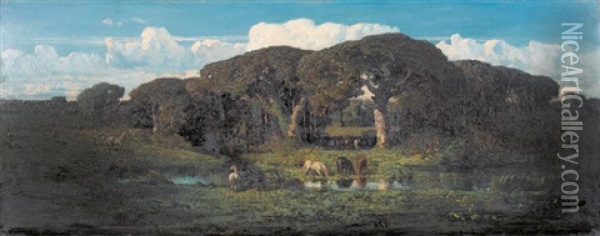 Landschaftsidylle Mit Pferden Am Weiher Oil Painting - Jean-Baptiste Clesinger