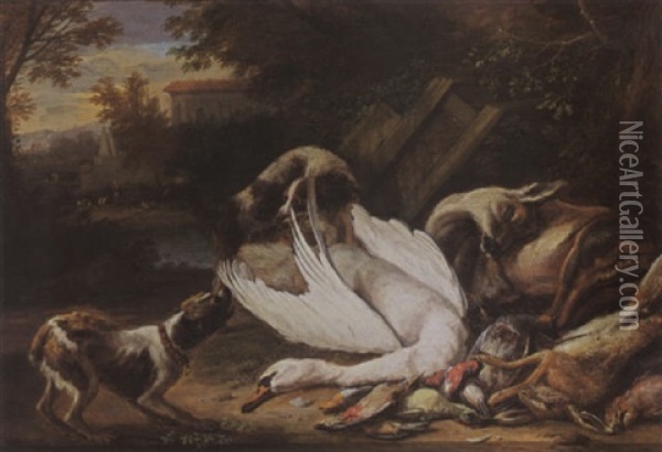 A Hunting Still Life With A Swann, A Deer, A Hare, And Birds, Together With Two Dogs Oil Painting - Adriaen de Gryef