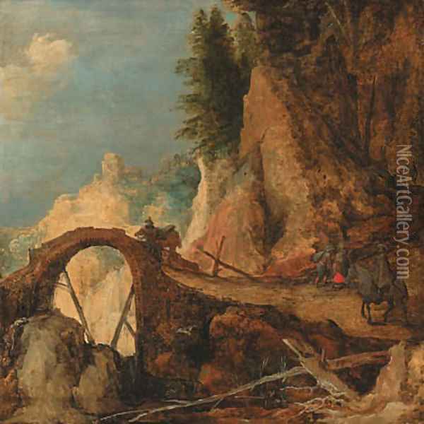 A mountain landscape with travellers on a path approaching a bridge over a gorge - a fragment Oil Painting - Josse de Momper