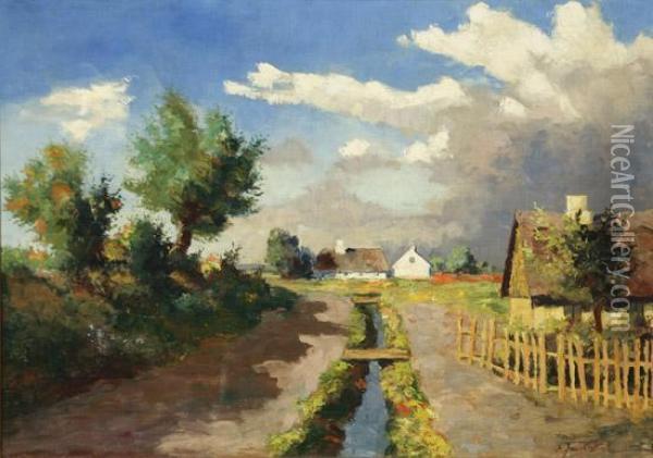 Landscape With Country Road And Village, Summer Oil Painting - Frederick Wilhelm Jacobsen