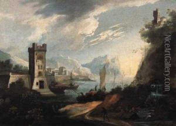 Marina Mediterranea Con Un Borgo Fortificato, Una Rupe Turrita Eduna Cascata Oil Painting - Adriaen Van Der Kabel
