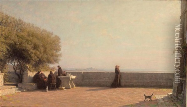 Terrasse De Couvent Avec Moines Oil Painting - Alfred van (Jacques) Muyden