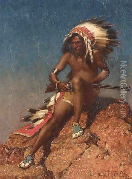 Indian Warrior Oil Painting - De Cost Smith