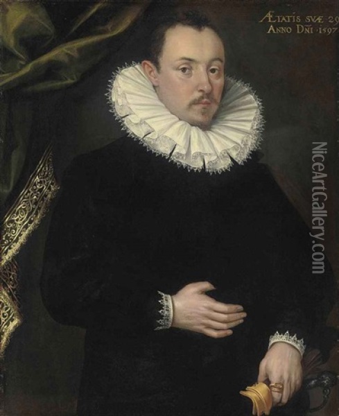 Portrait Of A Gentleman, Aged 29 In A Black Coat And White Ruff, Gloves In His Left Hand Oil Painting - Frans Pourbus the Elder