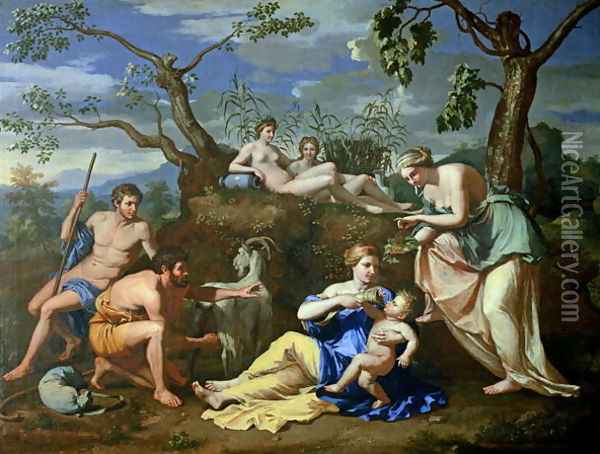 The Feeding of the Child Jupiter, c.1640 Oil Painting - Nicolas Poussin