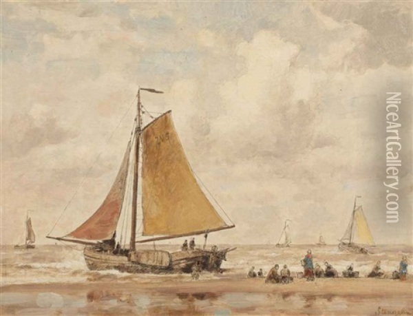 Fisherfolk At The Beach Of Zandvoort Oil Painting - Alphonse Stengelin