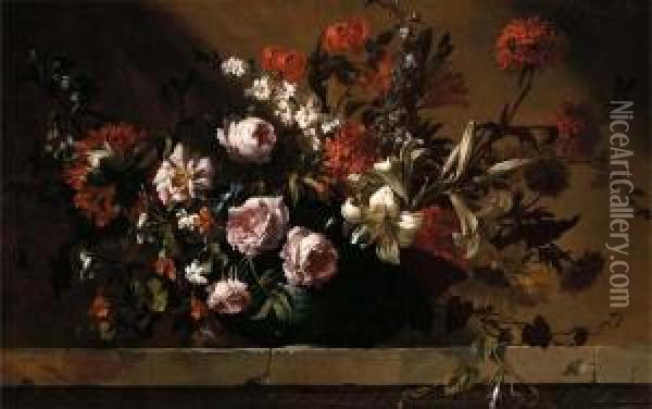Roses, Tulips, Lilies And Other Flowers In A Ceramic Dish On A Stone Ledge Oil Painting - Jean-Baptiste Monnoyer